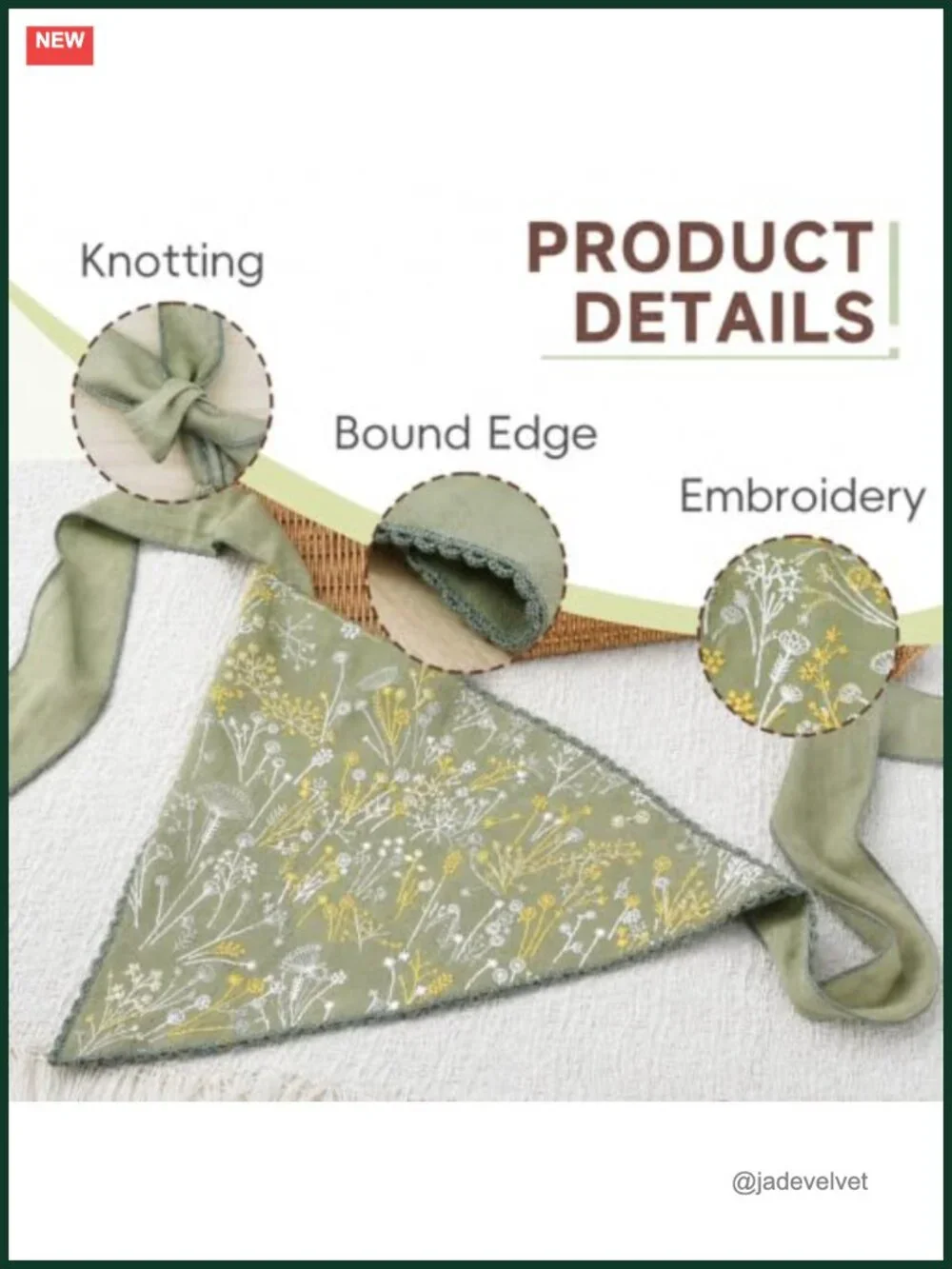 Embroidered Cotton Linen Triangle Head Scarf Hair Bandana with Ties